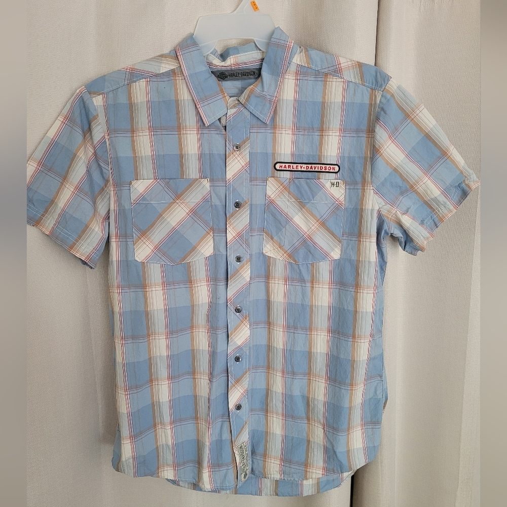 Harley-Davidson Blue and Red Casual Button Down Shirt Large